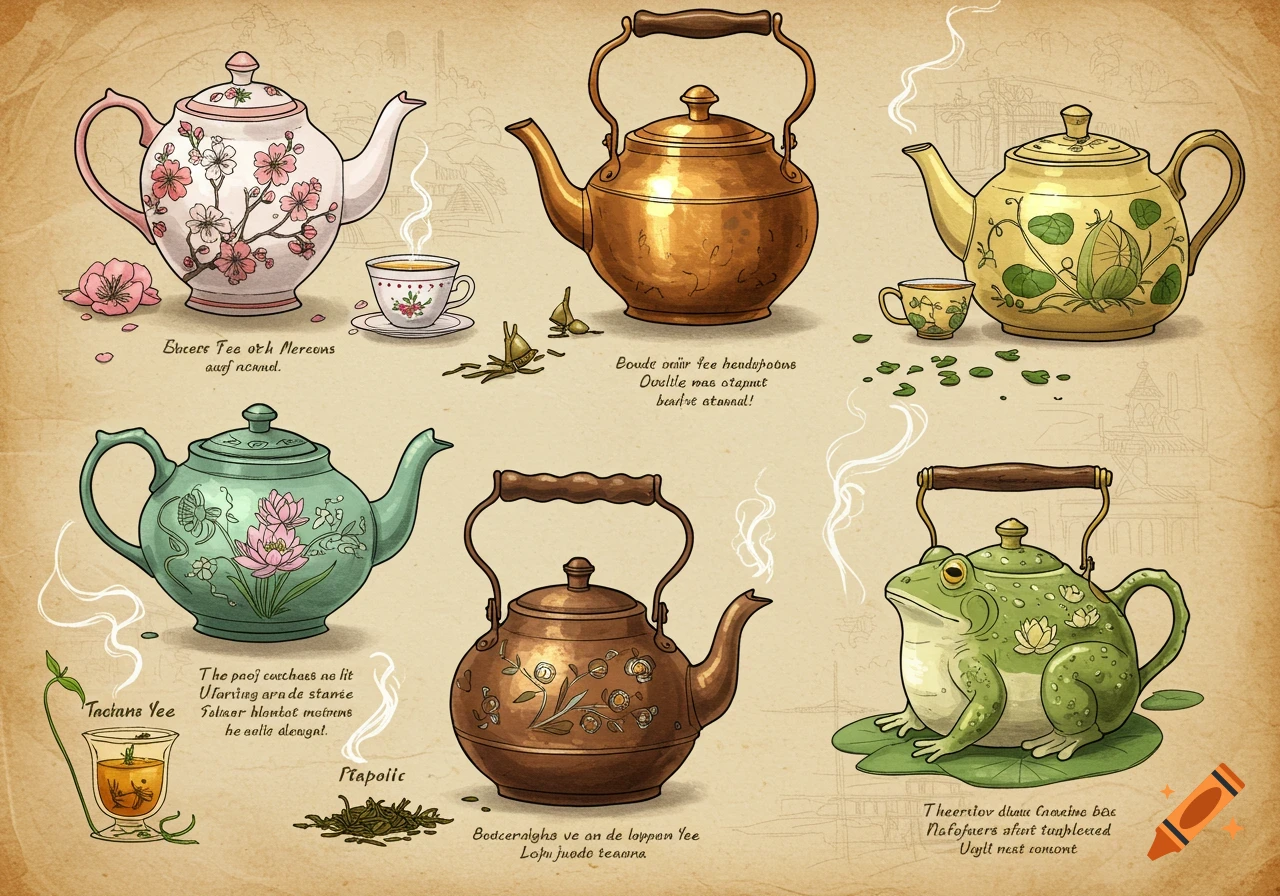 A vintage-style illustrated page featuring various teapots and tea elements, including a cherry blossom teapot, a copper teapot, a teapot with leafy design, a frog teapot, and small cups of tea, all with illegible text labels.