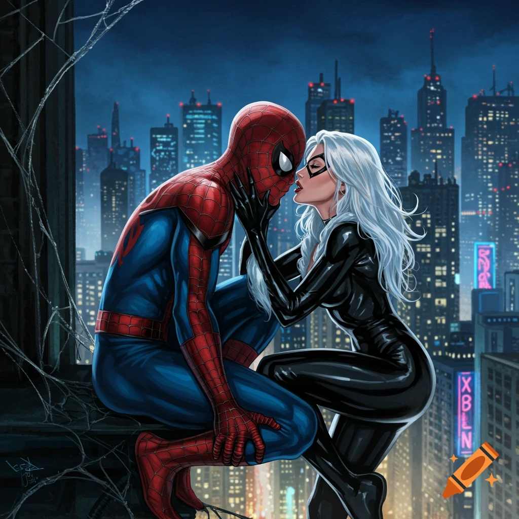 Spider-Man and Black Cat on a city rooftop at night, about to kiss. Black Cat is in a black catsuit, cupping Spider-Man's masked face.