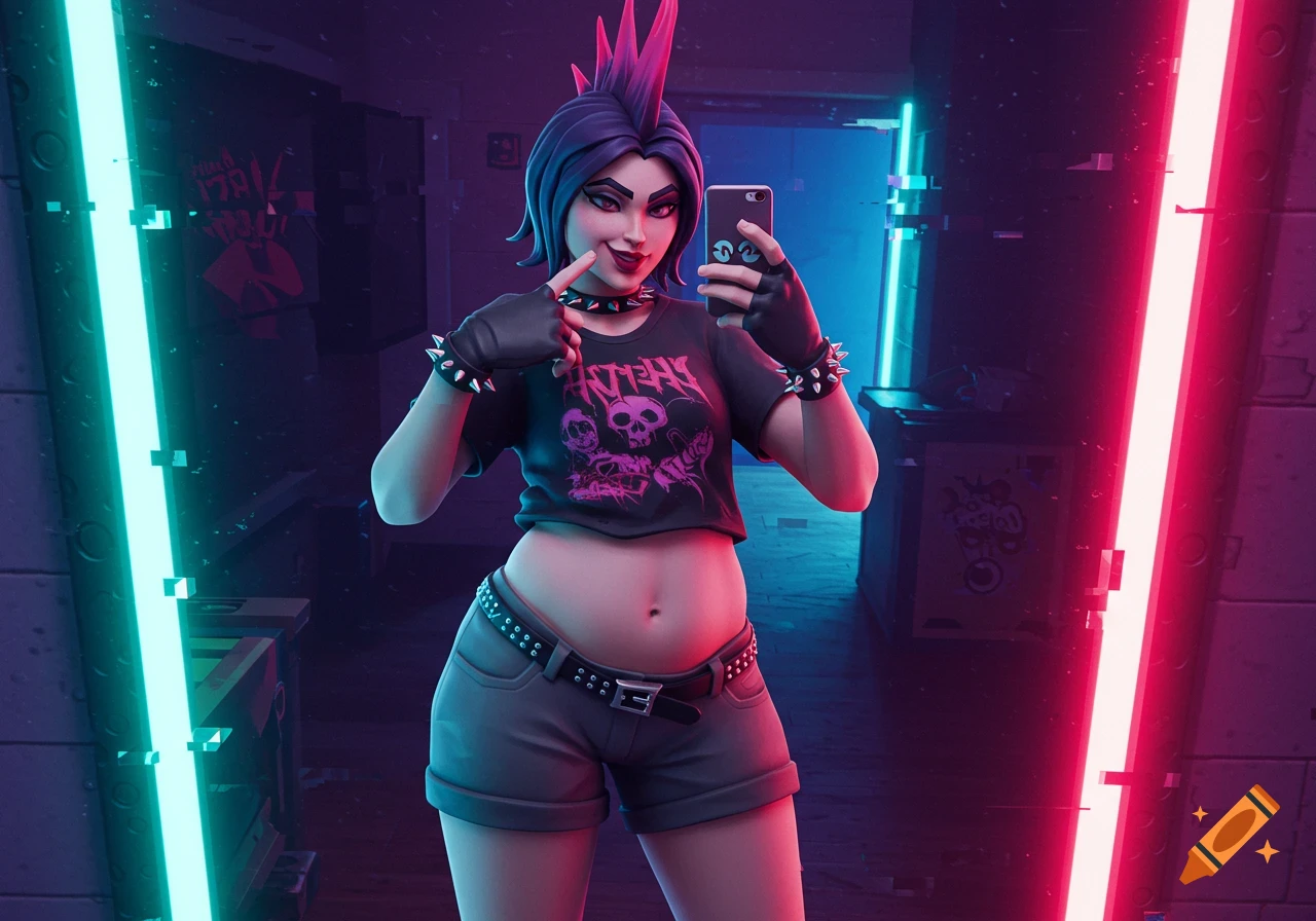 A stylized Goth punk character from Fortnite, with a purple mohawk, black studded top, and shorts, taking a selfie in a neon-lit room.