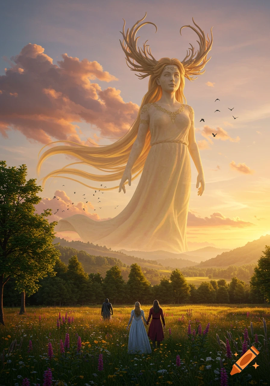 A colossal female figure with antlers and long hair towers over a flowery meadow at sunset, where three small figures look up.