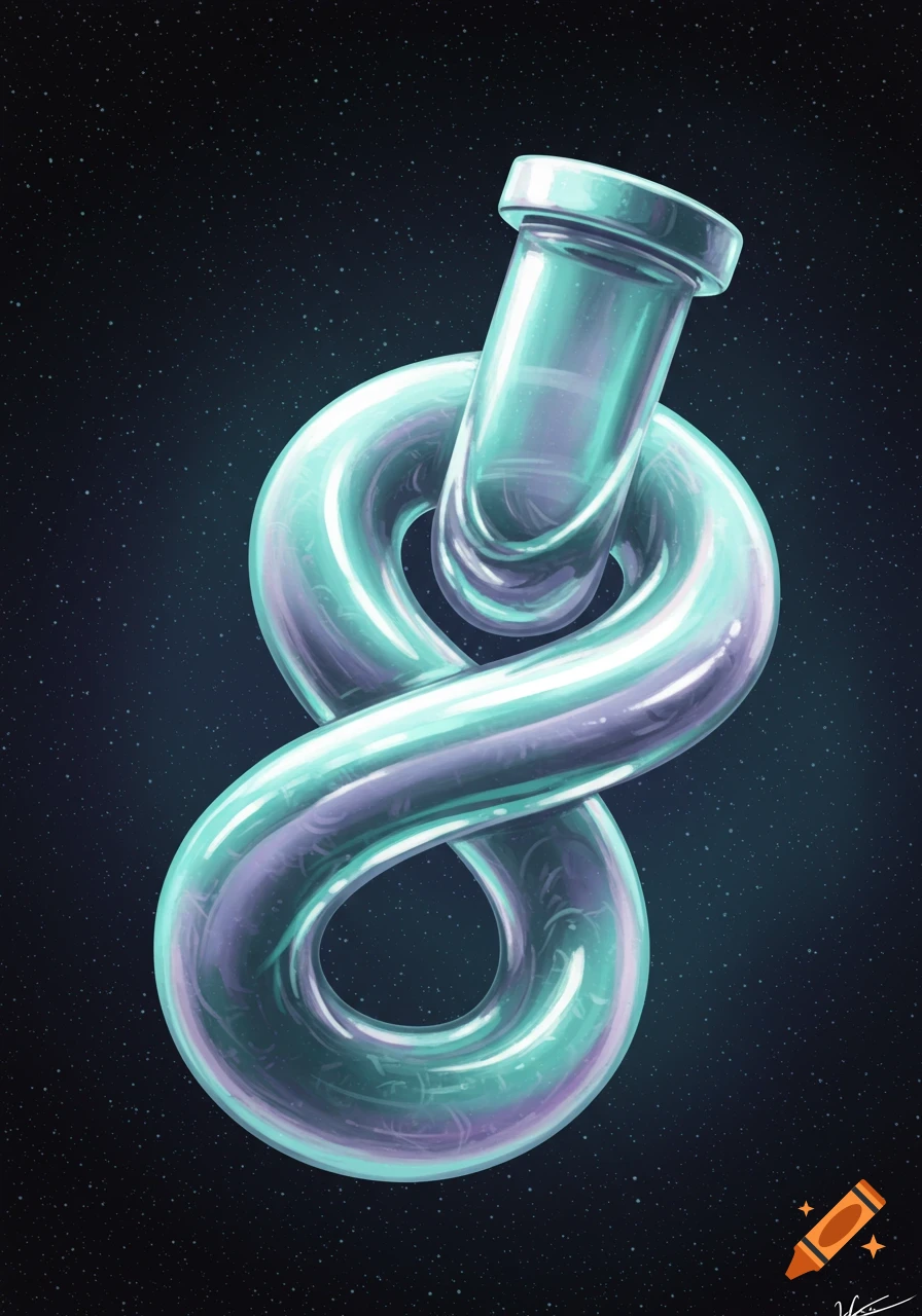 A shiny, iridescent Klein bottle in shades of blue and purple, set against a dark, starry outer space background.