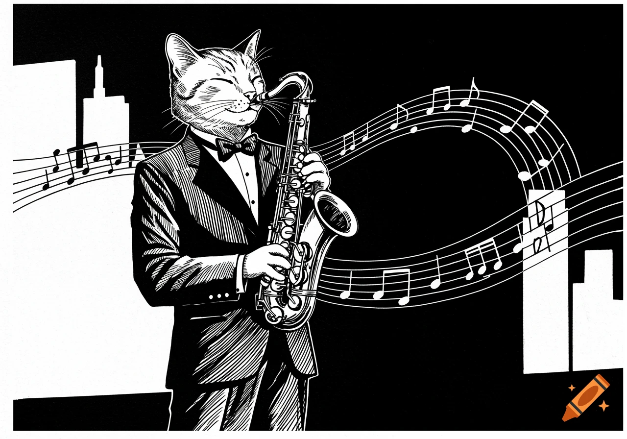 Black and white illustration of a cat in a tuxedo playing a saxophone amidst musical notes and city silhouettes.