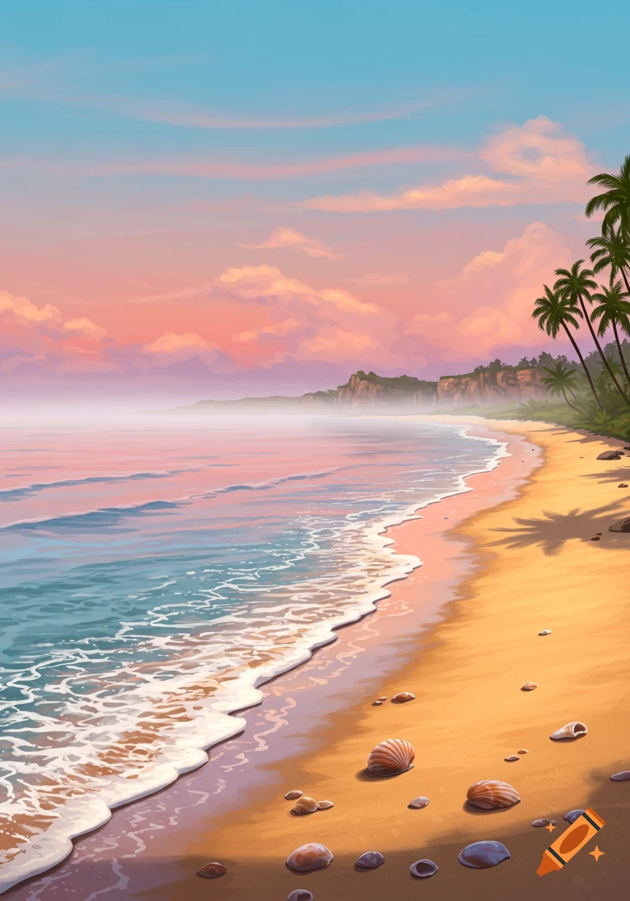 Digital painting of a serene tropical beach at sunset, with pink and blue skies, waves, seashells, and palm trees.
