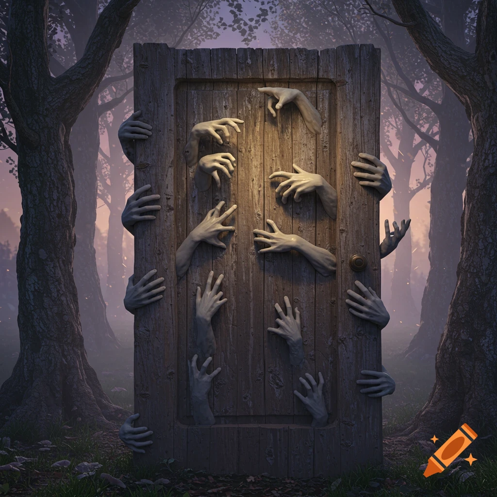 A weathered wooden door in a dark, misty forest, with many pale, disembodied hands reaching out from it and clinging to its frame.
