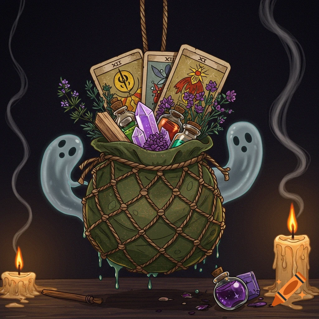 A green witch's trinket bag filled with herbs, crystals, potion bottles, and tarot cards. Two ghosts and lit candles flank the bag.