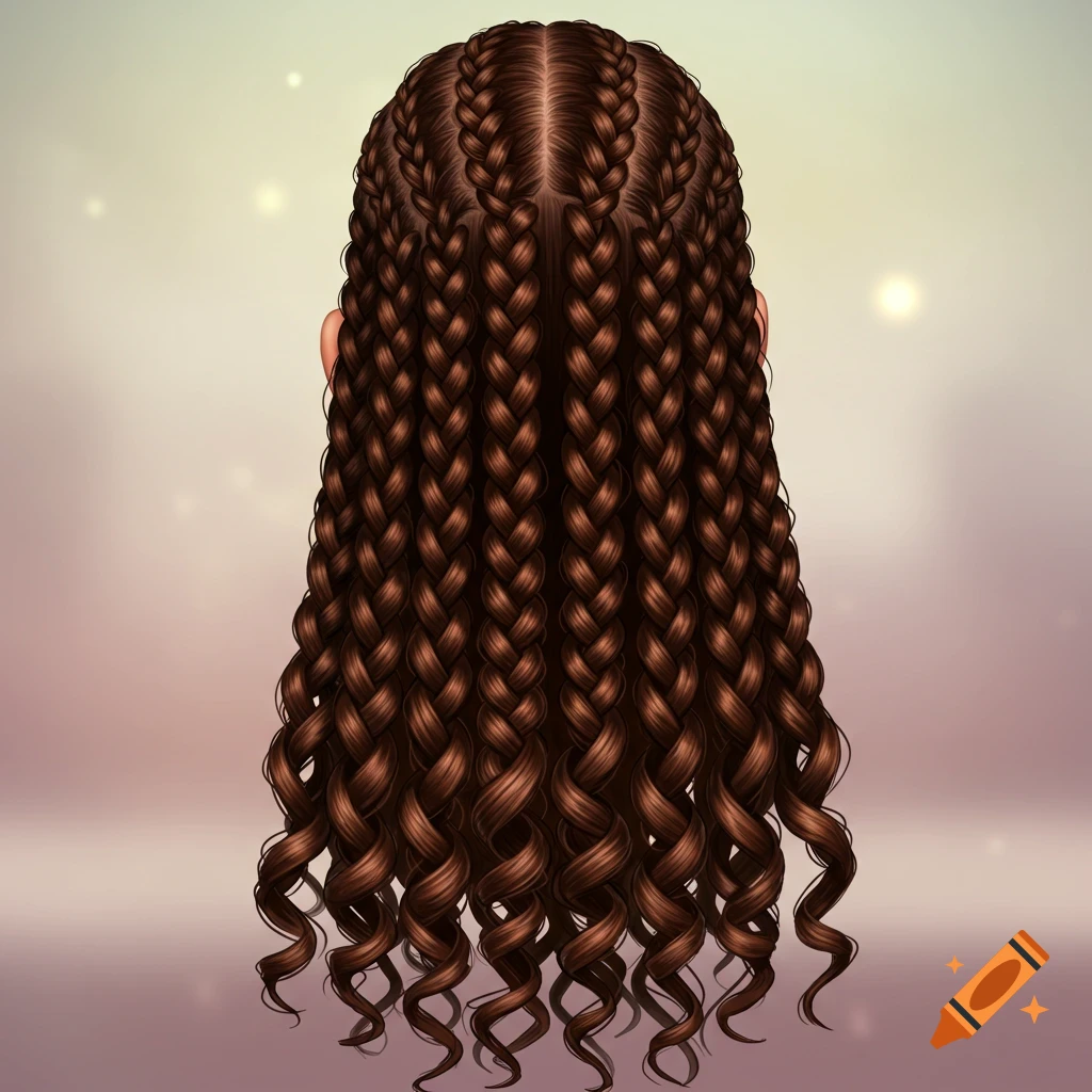 Long dark brown hair styled in neat cornrows or box braids, with the ends curling. Digital illustration.