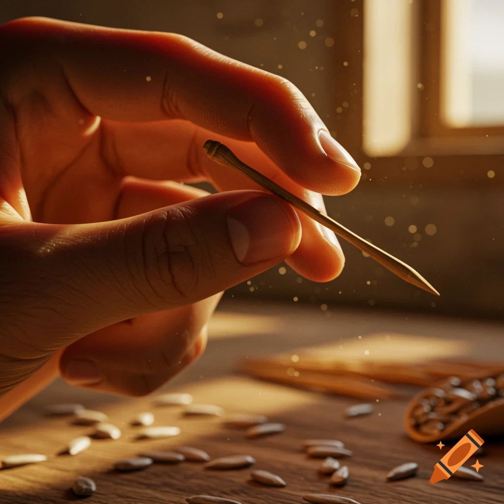 A close-up photorealistic image of a hand holding a slender wooden toothpick above a wooden surface scattered with seeds.