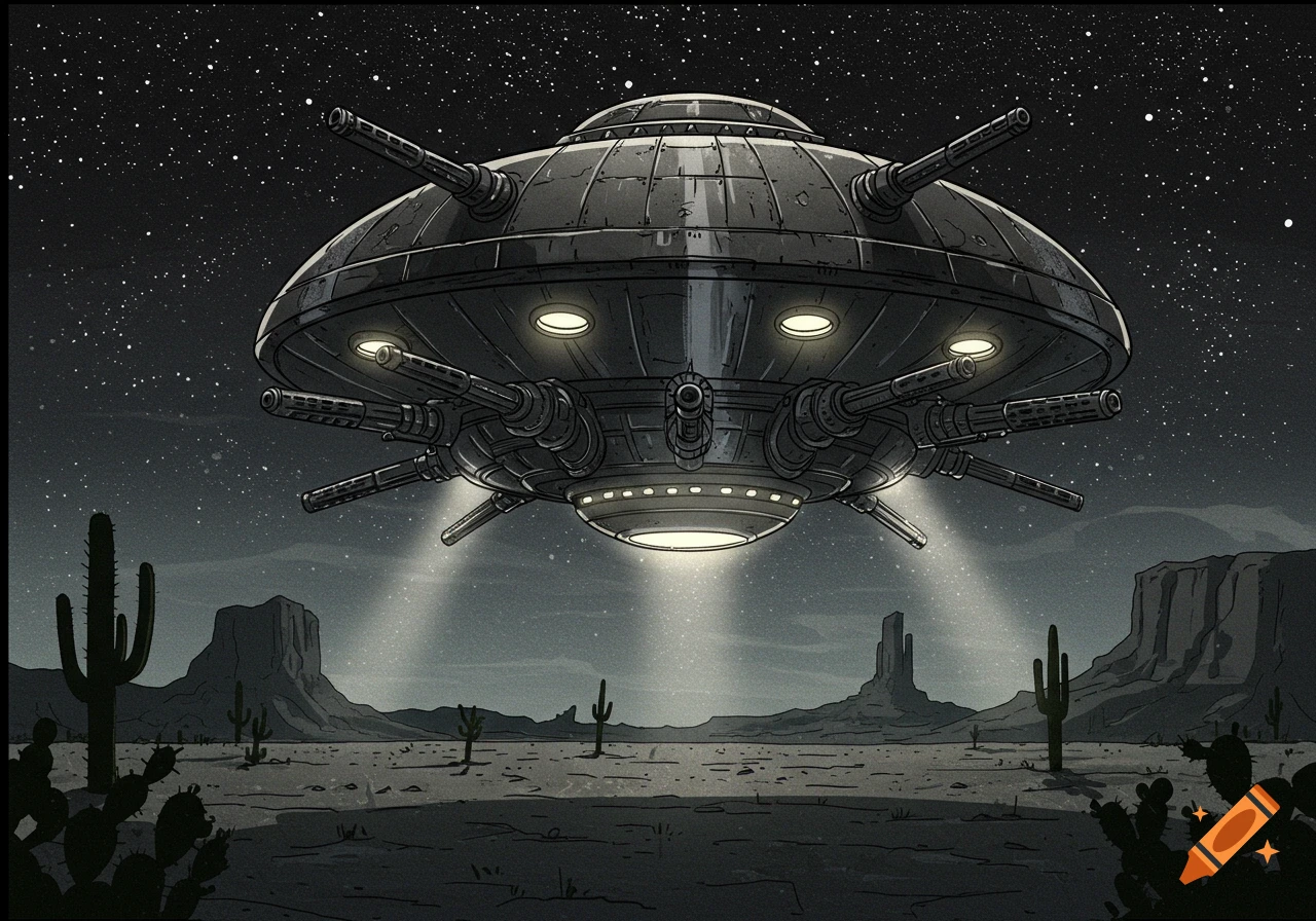 Round UFO with many machine guns flying over a desert at night, drawn illustration.