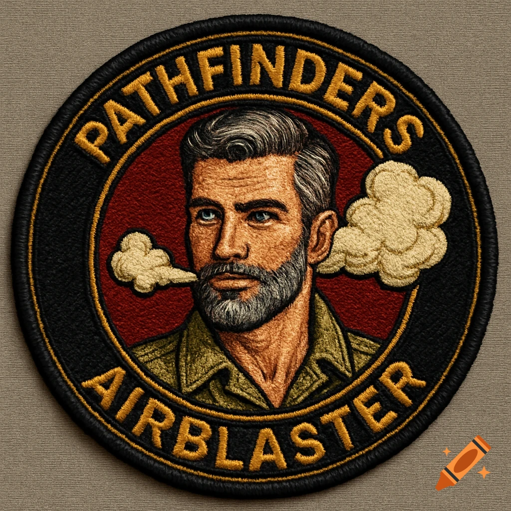 An embroidered military-style patch featuring a man with a beard and salt-and-pepper hair exhaling smoke. Text reads PATHFINDERS AIRBLASTER.