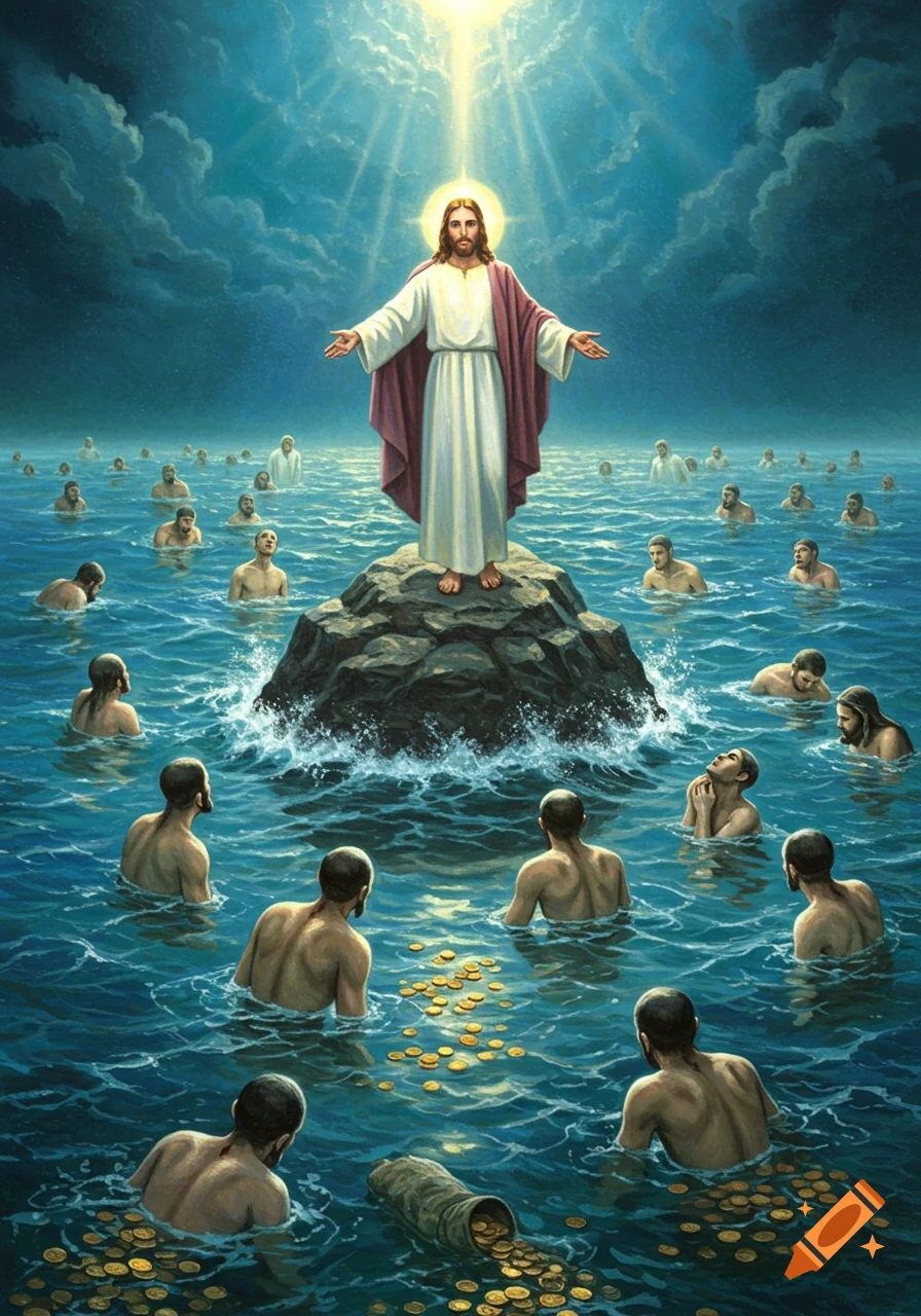 Jesus stands on a rock in a stormy sea, bathed in divine light, while people below him struggle amidst gold coins in the water.