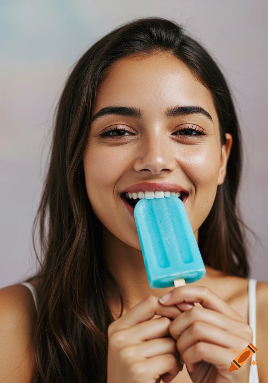 A hyper-realistic portrait of a beautiful woman happily eating a vibrant blue popsicle.