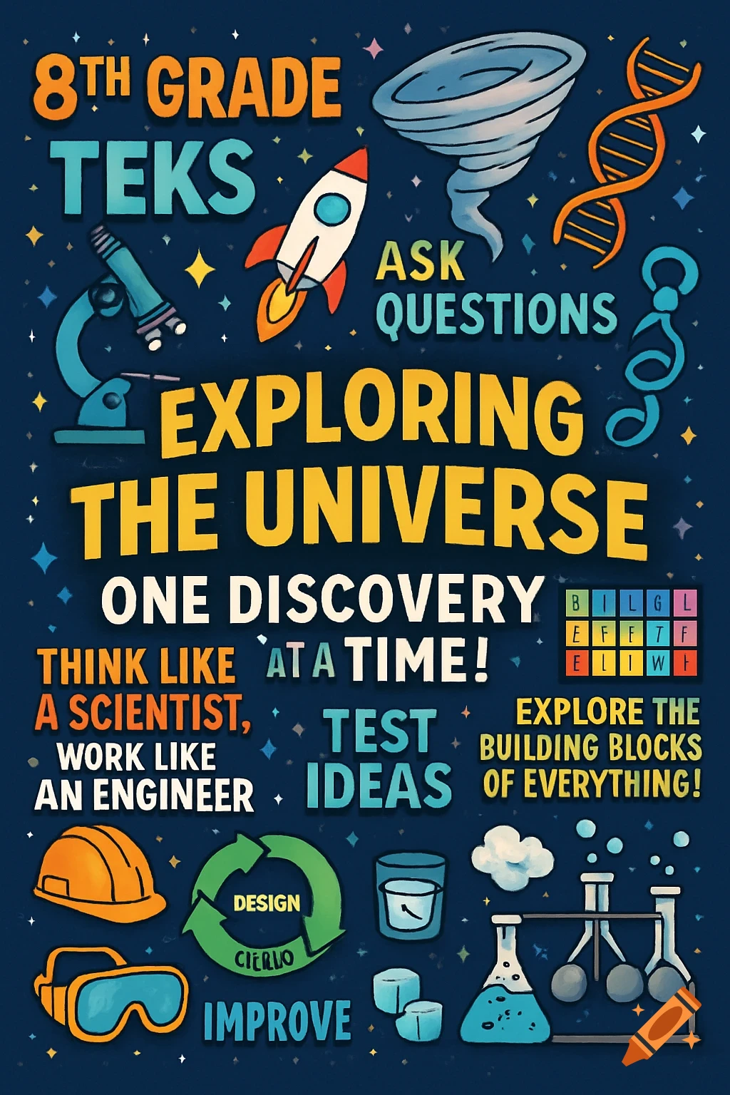 A colorful educational poster about 8th-grade science, featuring illustrations of a microscope, rocket, tornado, DNA, and various science equipment, with text like "Exploring the Universe" and "Think like a scientist."