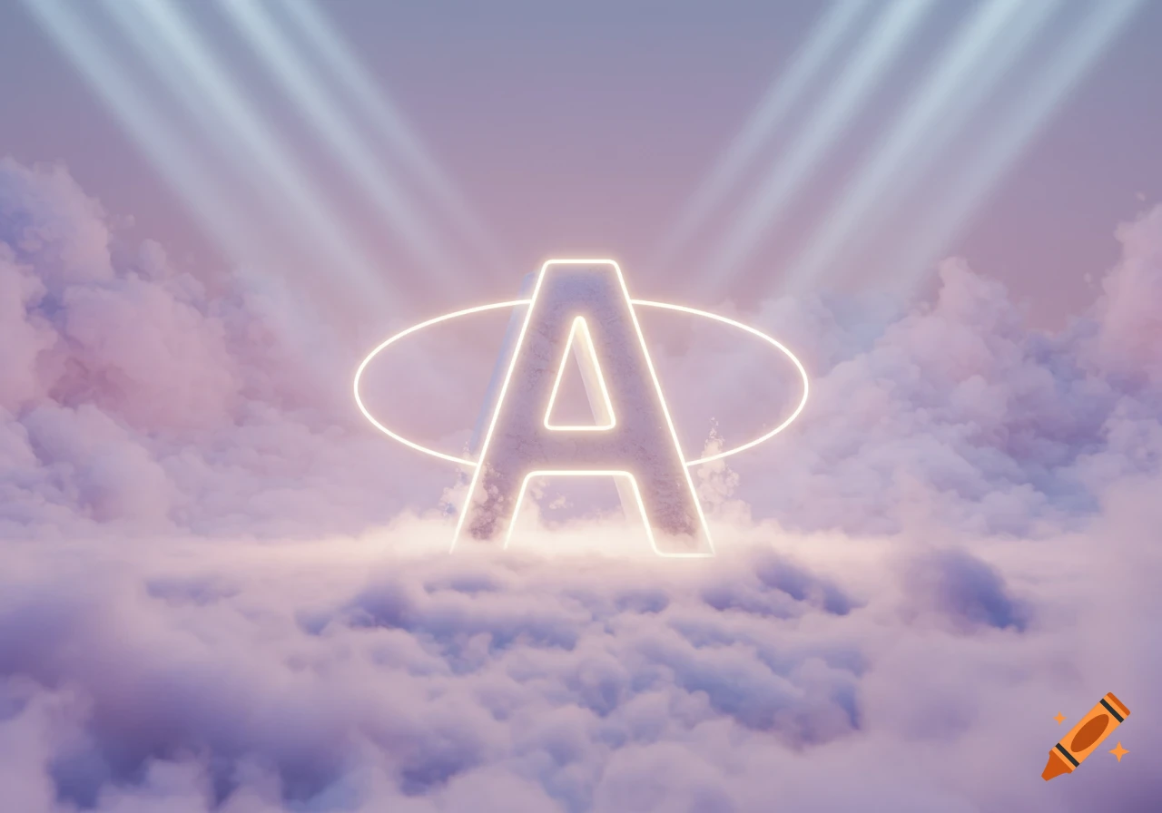 A glowing capital letter A floats among pink and purple clouds under light rays.