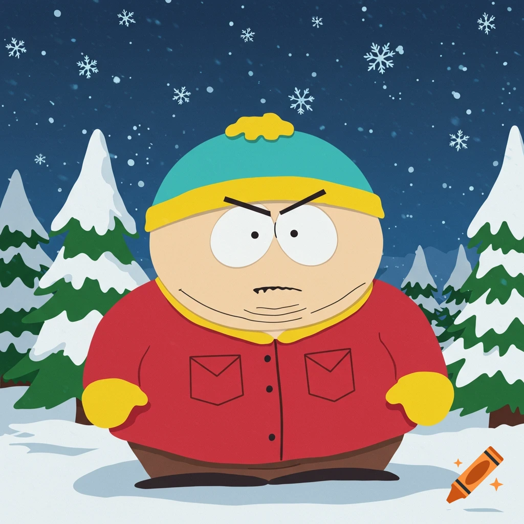 Angry Eric Cartman in a red winter coat and blue hat stands in a snowy forest with falling snowflakes, in cartoon style.