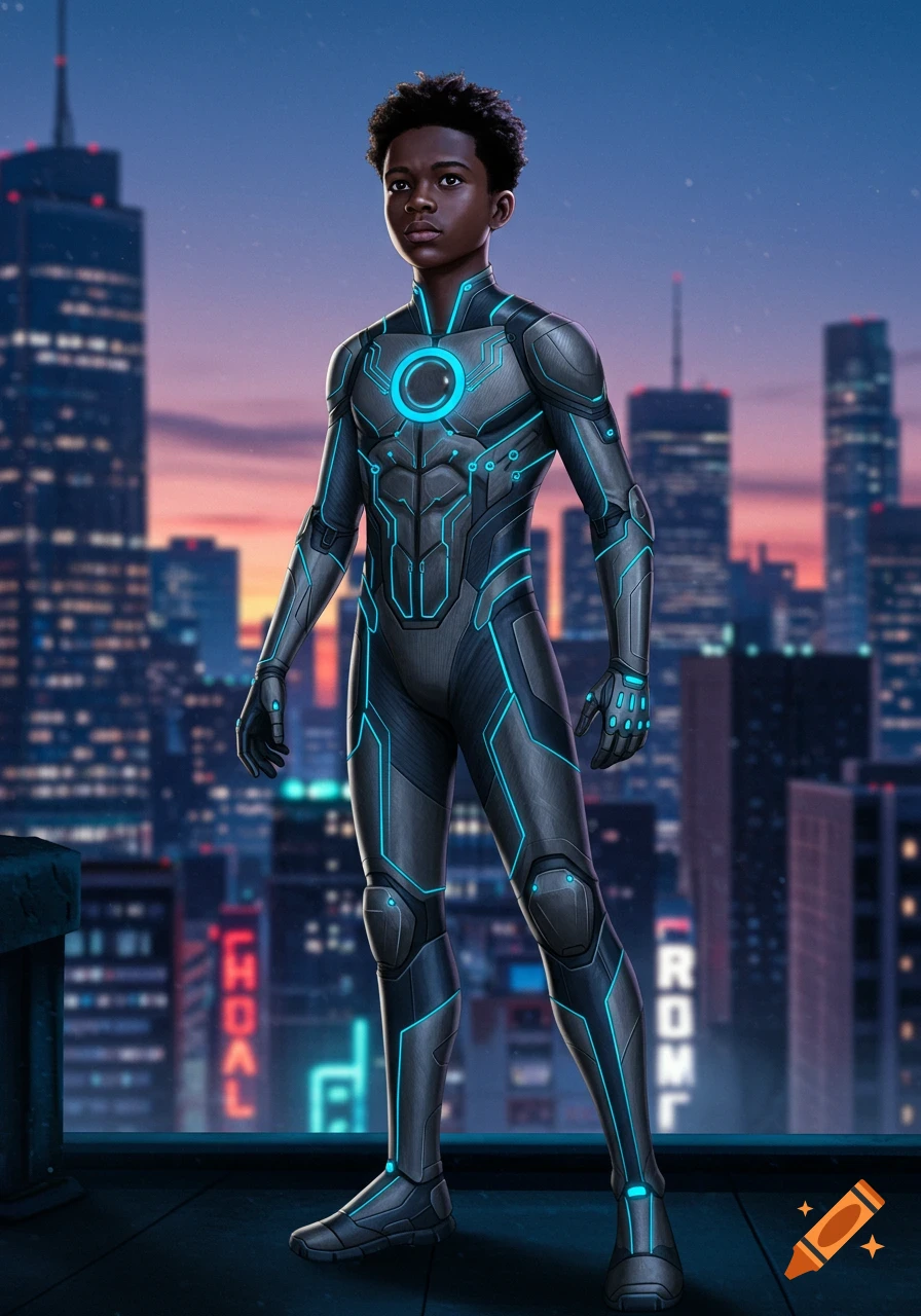 A young Black boy in a futuristic black and grey superhero suit with glowing blue lines stands on a rooftop overlooking a city at dusk.