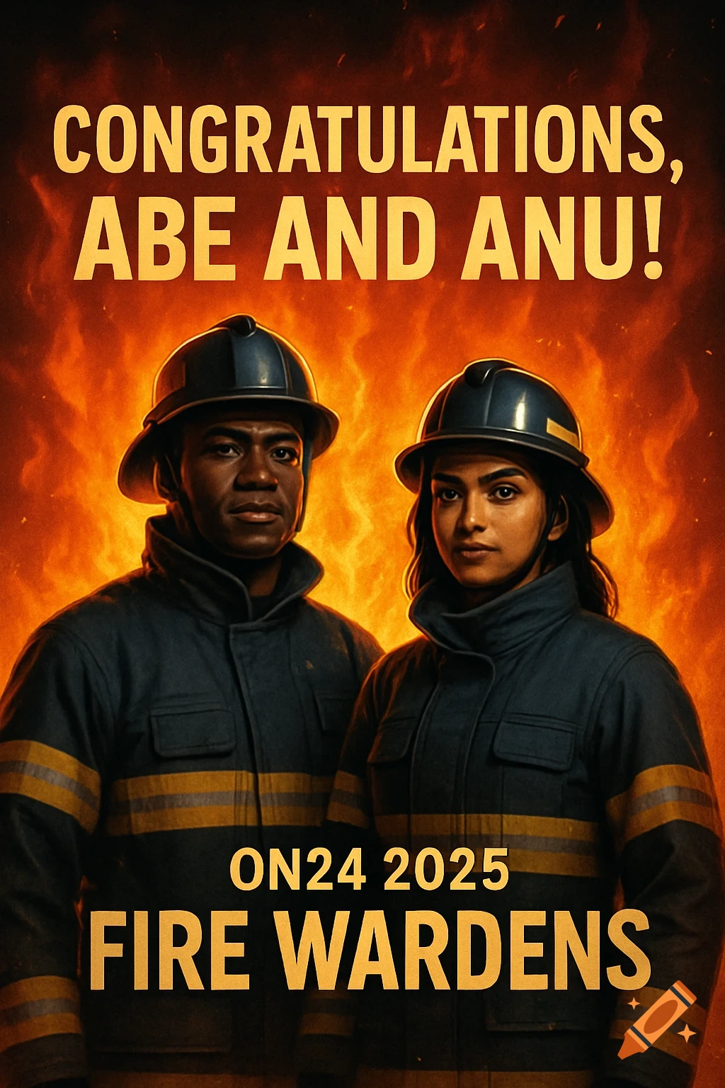 A poster featuring two firefighters, a man and a woman, standing against a vibrant fiery background with congratulatory text.