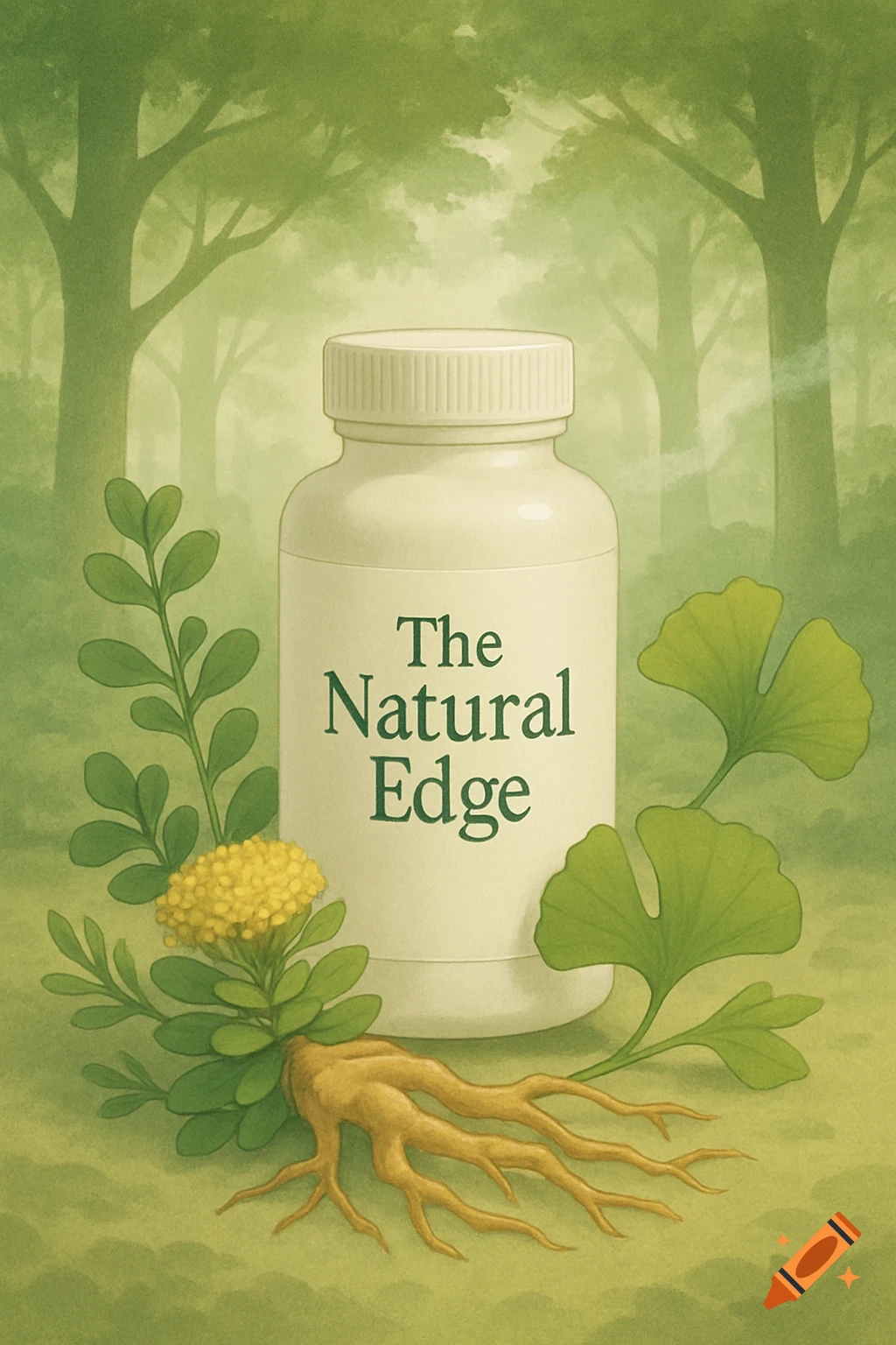 A supplement bottle labeled "The Natural Edge" surrounded by plant ingredients like roots, leaves, and a yellow flower, set in a peaceful, misty forest.