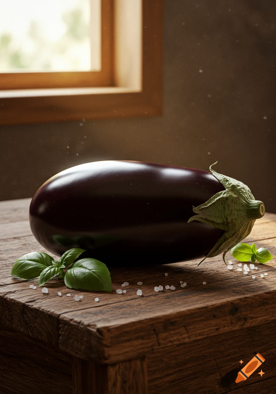 A glossy purple eggplant rests on a rustic wooden table with basil leaves and salt, lit by a window.