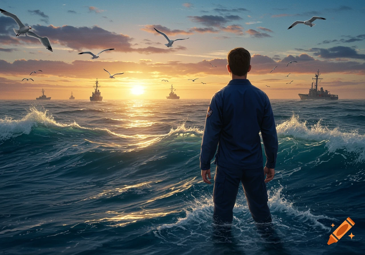 A man in a uniform stands in the ocean, looking at a golden sunset over the water with ships and flying seagulls.