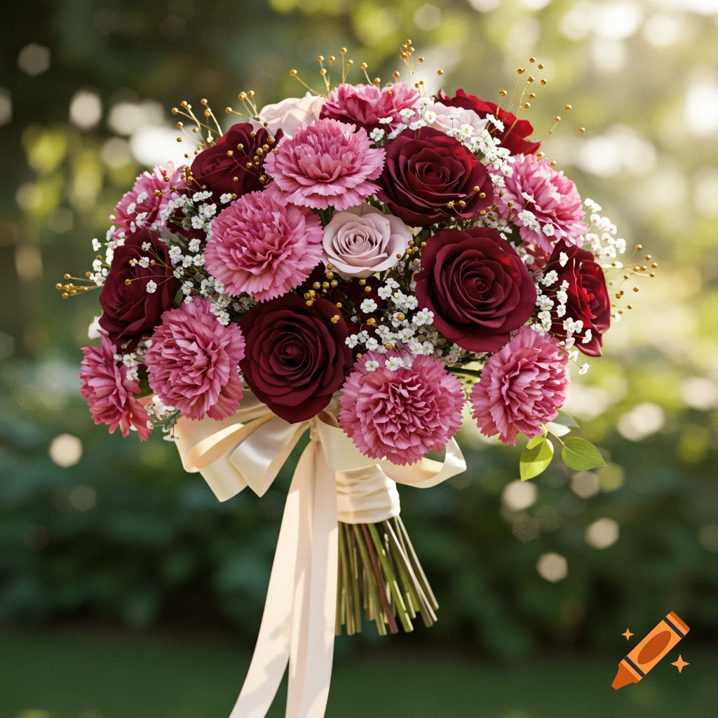 A photorealistic wedding bouquet featuring pink carnations, burgundy roses, and delicate baby's breath, set against a soft, blurred green background.