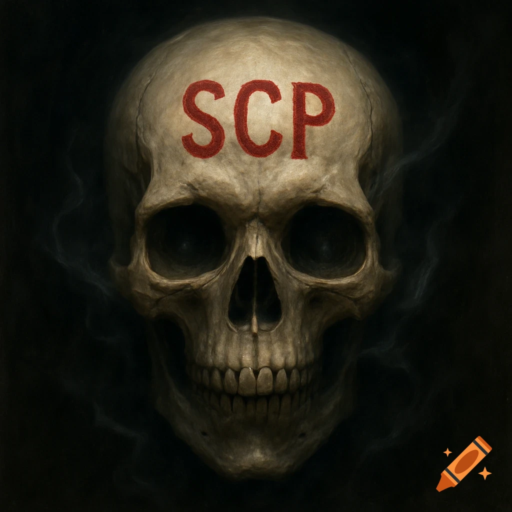 A detailed, front-facing image of a human skull with the red letters 'SCP' painted on its forehead, set against a dark, smoky background.