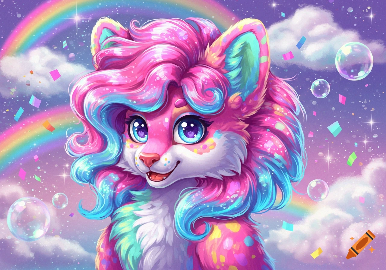 A vibrant, colorful furry creature with multi-colored hair and big eyes, set against a rainbow and cloud background with bubbles.