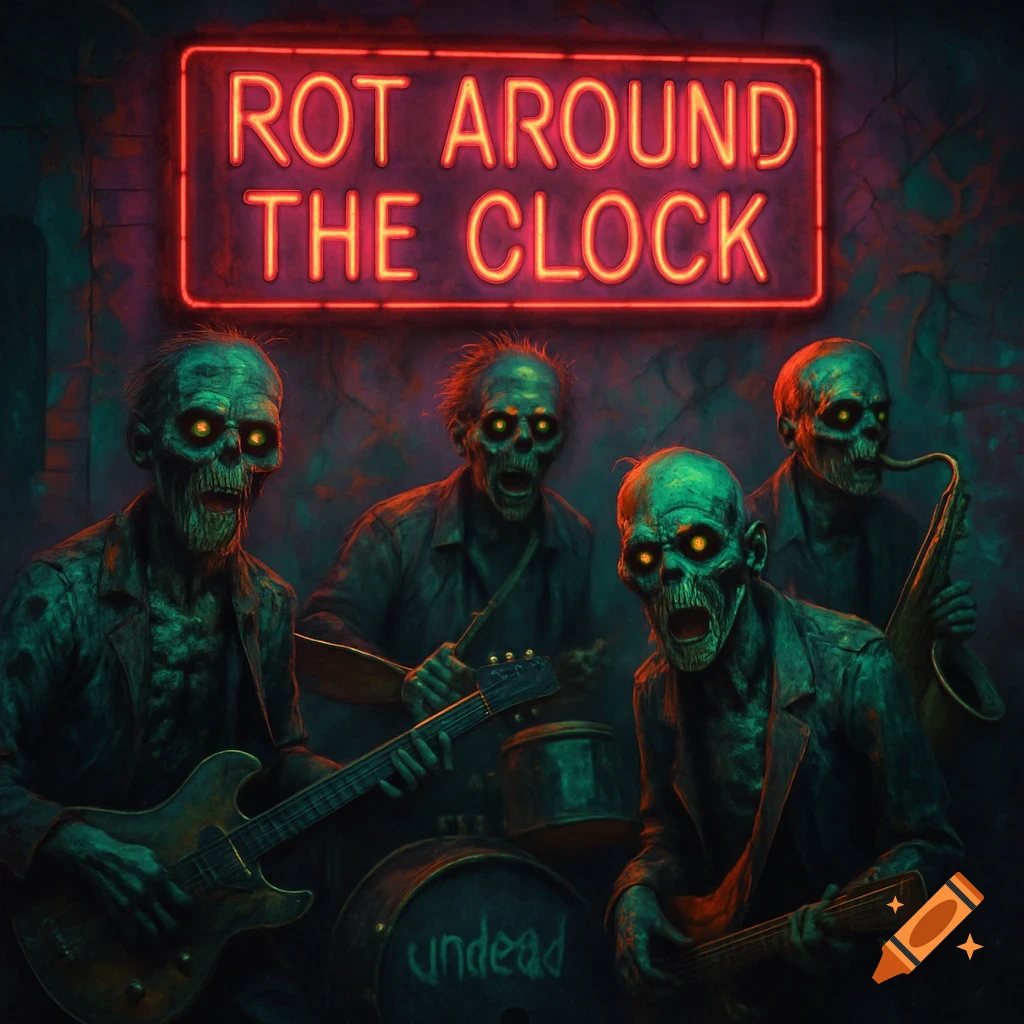 A zombie band performs under a neon sign that reads "ROT AROUND THE CLOCK", with "undead" written on a drum.