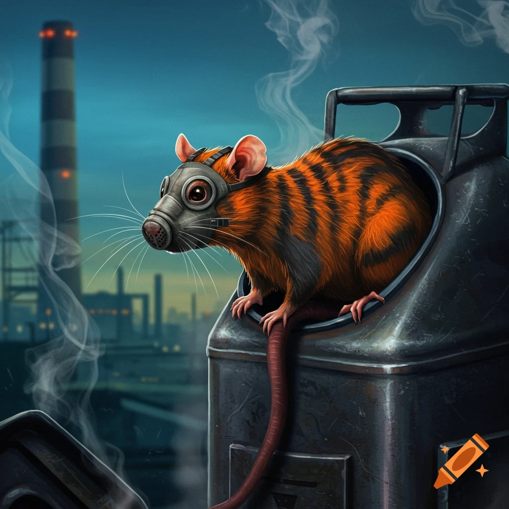 An orange and black striped rat wearing a gas mask peeks from a gas can against an industrial background with a smokestack.