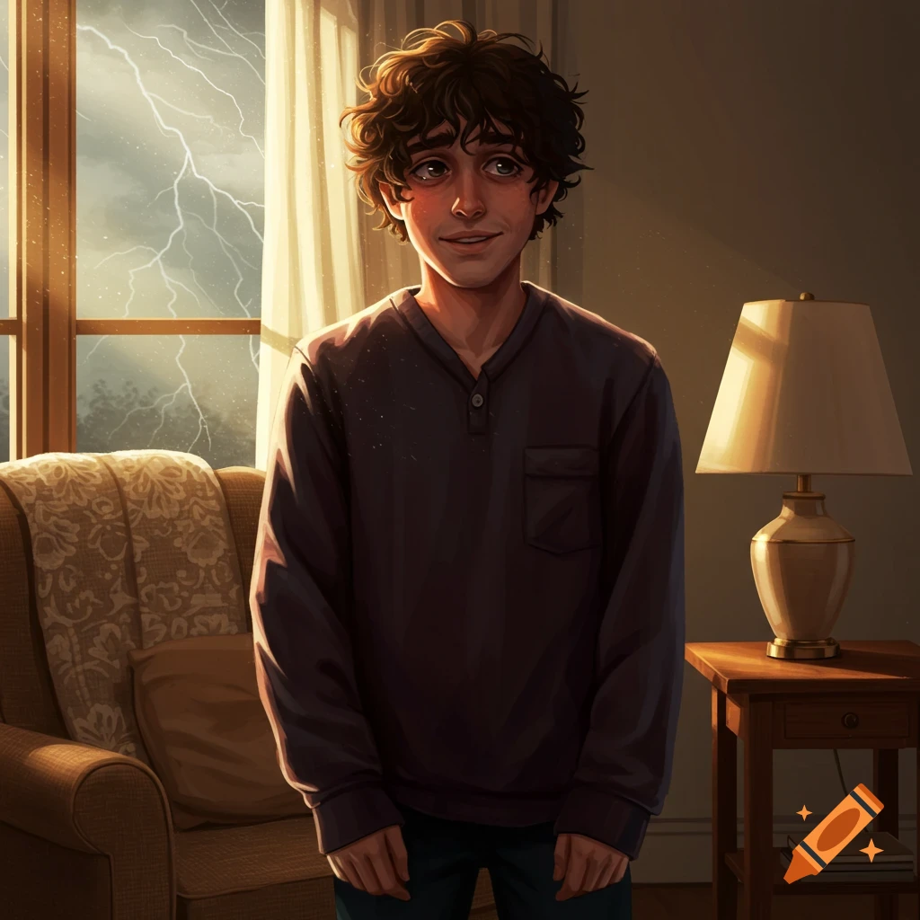 A young man with curly hair and a sad expression stands indoors, lightning visible outside the window.