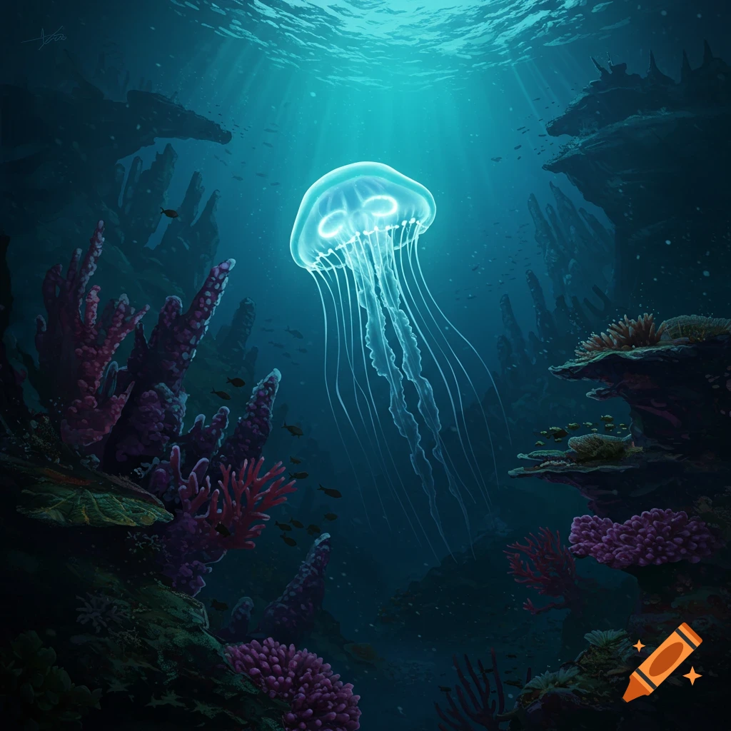 A luminous jellyfish glows in a deep blue underwater scene with coral and fish, lit by sun rays from above.
