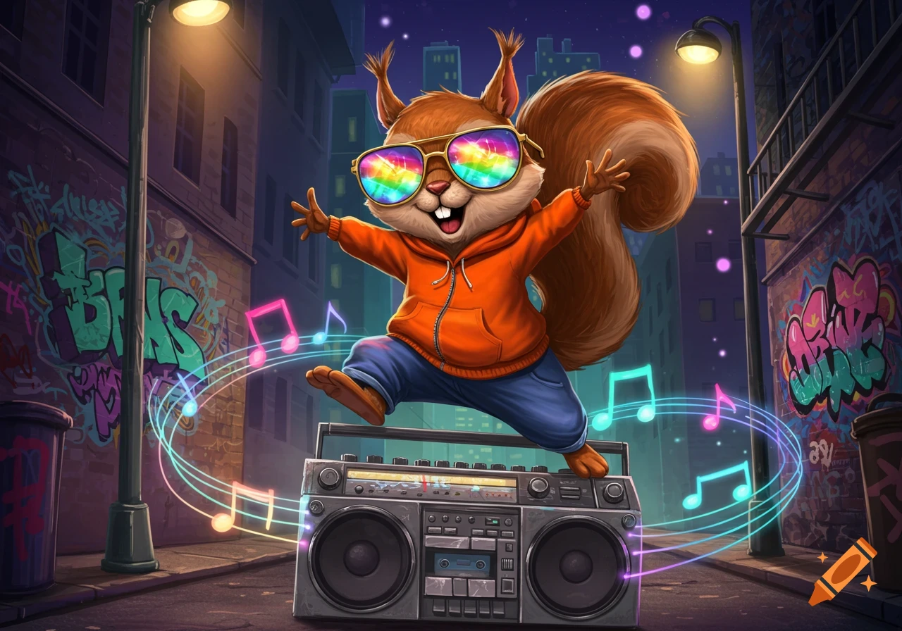 A cartoon squirrel in an orange hoodie and rainbow sunglasses dances on a boombox in a graffiti-covered alley at night, surrounded by floating musical notes.