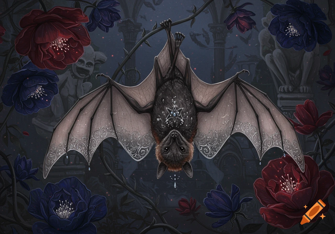 Detailed gothic bat hanging amidst dark red and blue flowers with a starry chest and intricate wings, against a gothic architecture background.