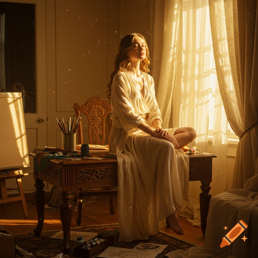 A woman in a flowing dress sits on a wooden desk in a sunlit artist's studio, bathed in golden light.