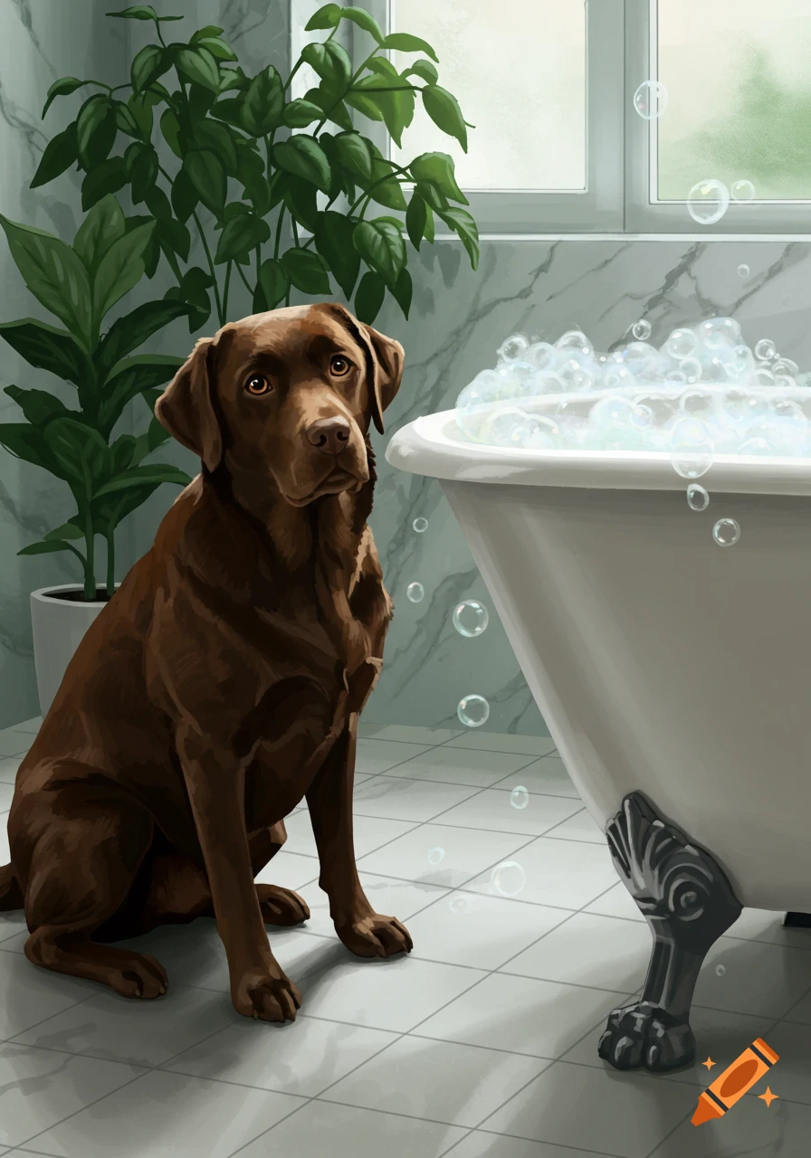 A chocolate lab dog sits on tiled floor in a bathroom next to a bubble-filled bathtub, looking at the viewer. Illustrated style.