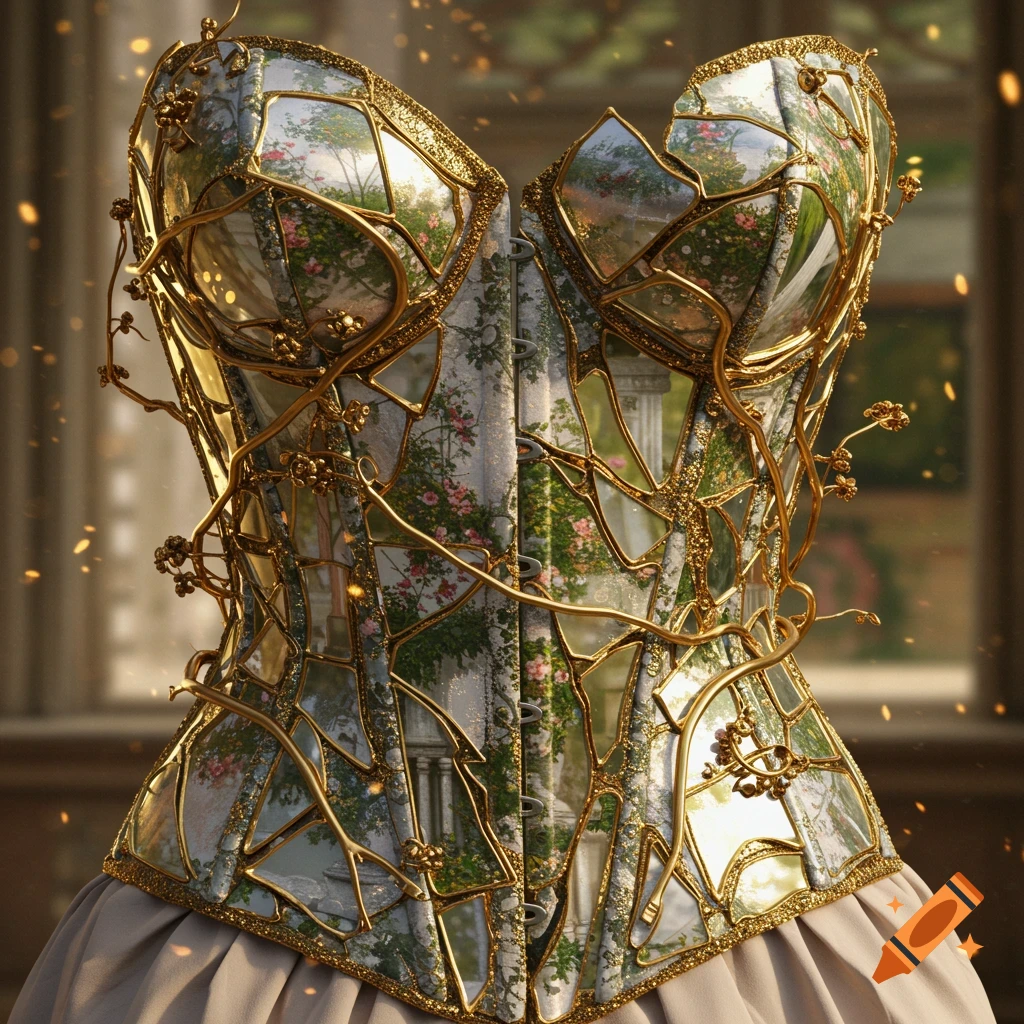 An ornate corset made of broken mirror fragments and gold filigree vines, reflecting a lush garden with glowing particles around it.