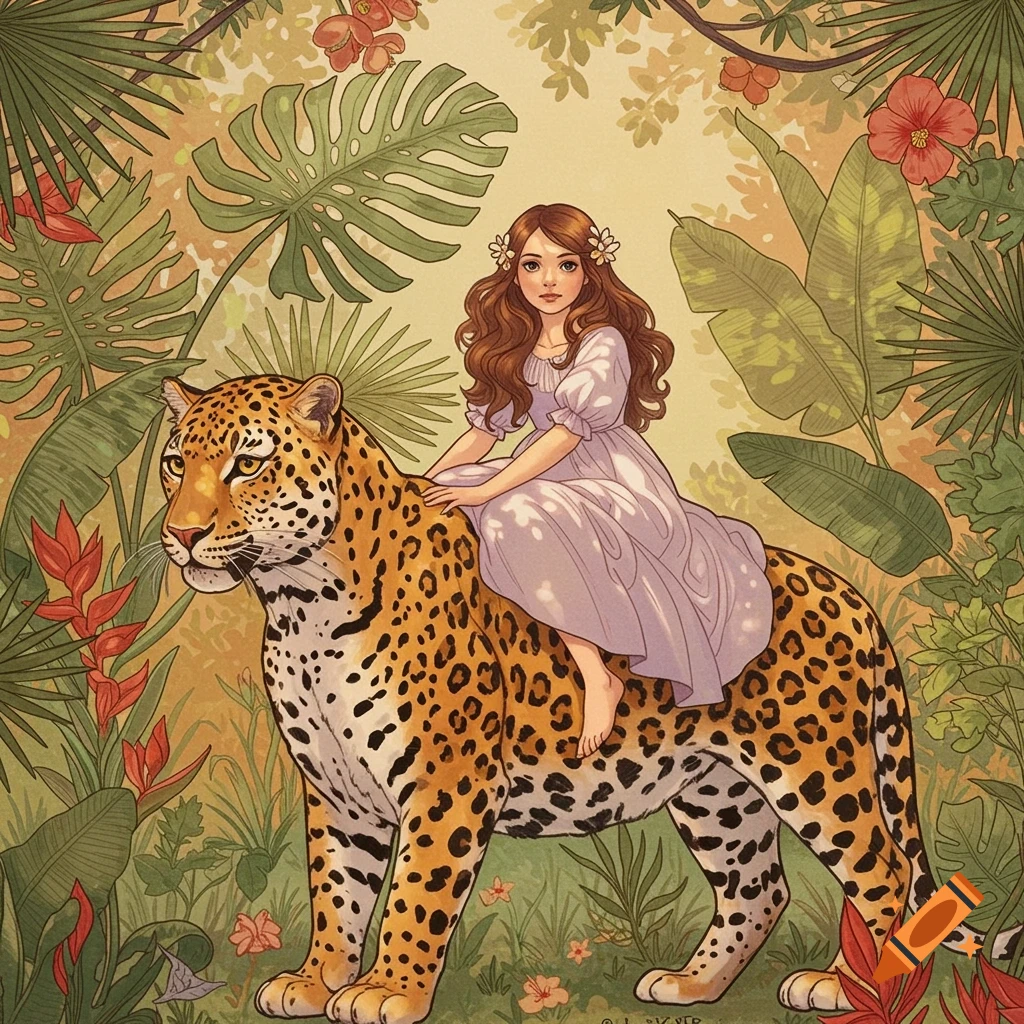 An illustrated image of a young girl in a purple dress riding a leopard through a lush, tropical jungle.