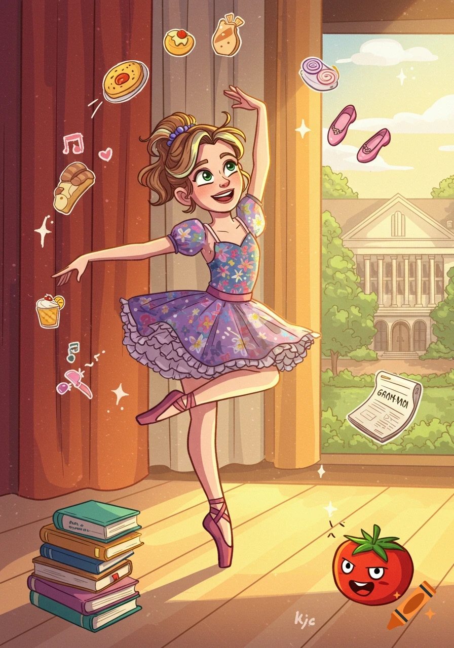 A cartoon girl in a ballet pose, wearing a purple floral tutu, surrounded by floating items like food, ballet shoes, and music notes, with books and a tomato on the floor. A building is visible outside a large window.