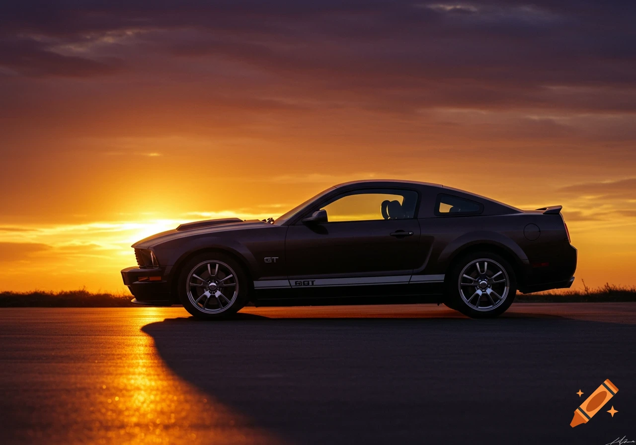 A dark Ford Mustang GT in profile against a vibrant orange and purple sunset, with a reflection on the asphalt.