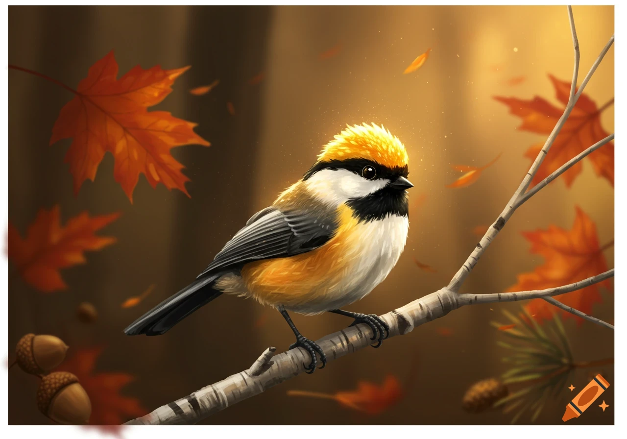 A colorful bird with a yellow head, white chest, and black markings, perched on a tree branch among falling autumn leaves.