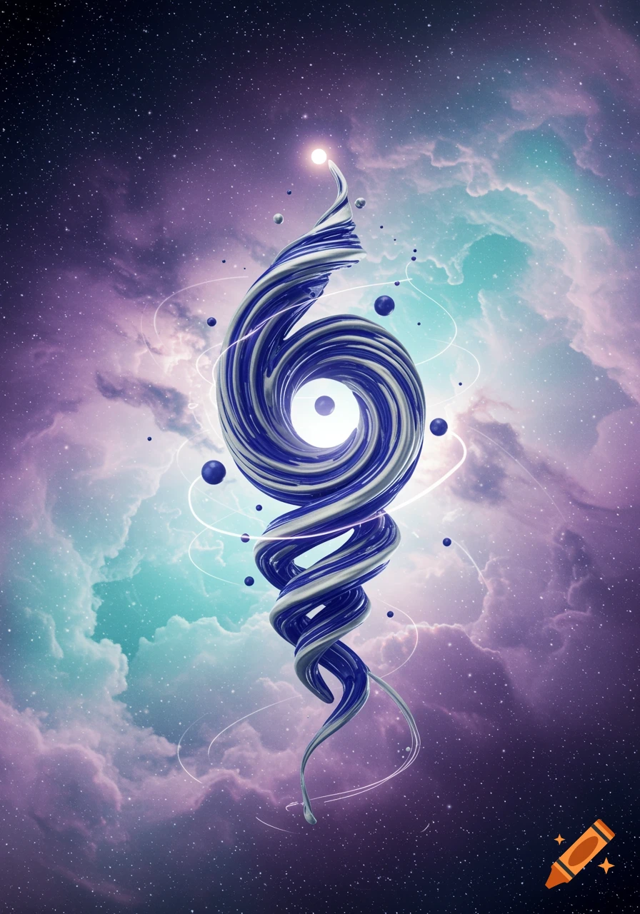 Abstract blue and white striped spiral shape floating in a vibrant purple and teal cosmic cloudscape with stars.