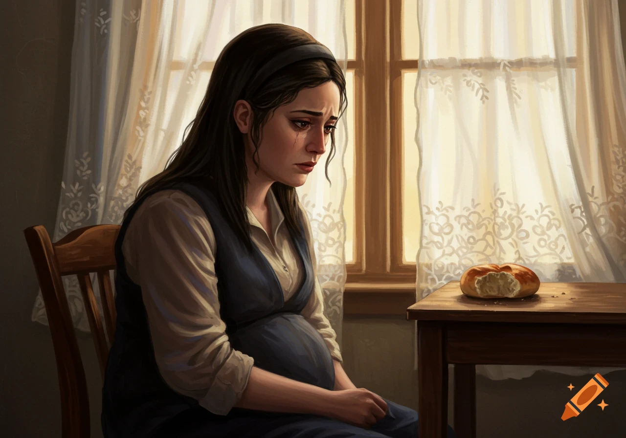 A sad, pregnant woman with dark hair and a headband sits at a table by a sunlit window, a bitten piece of bread beside her. The painting has a muted, melancholic tone.