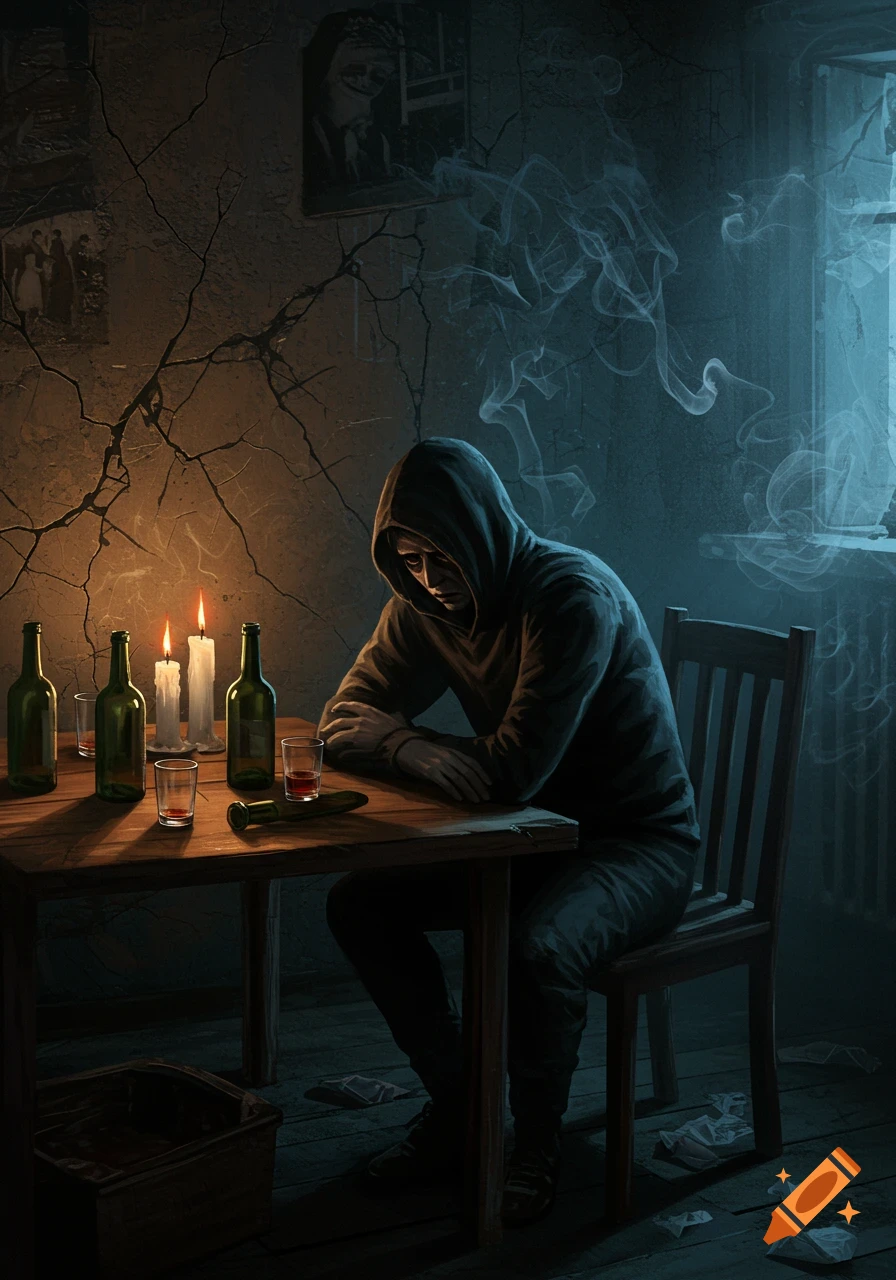 A hooded figure sits at a wooden table in a dimly lit, cracked room, surrounded by bottles, glasses, and lit candles, evoking a sense of despair.
