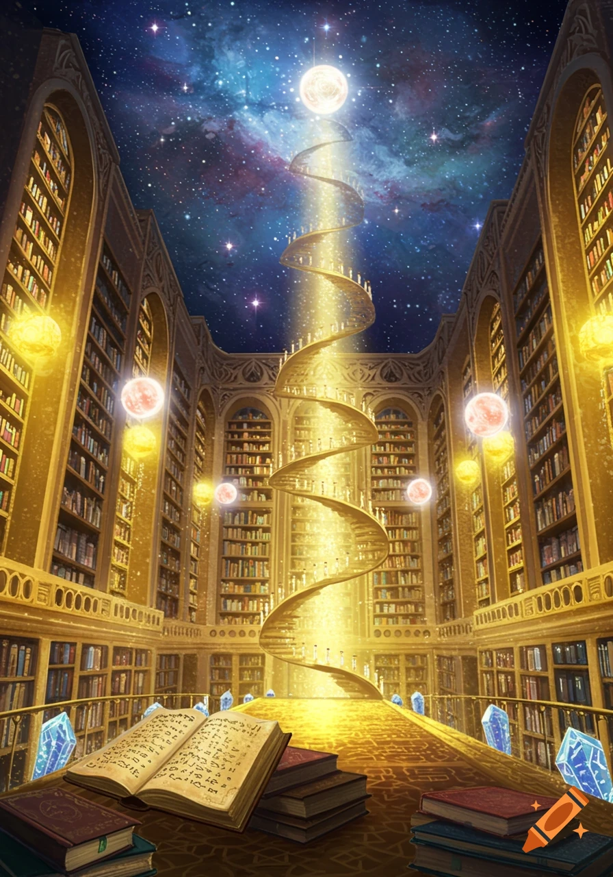 A grand golden library with tall bookshelves, a glowing spiral staircase ascending to a starry night sky, and an open book with mystical script on a table.