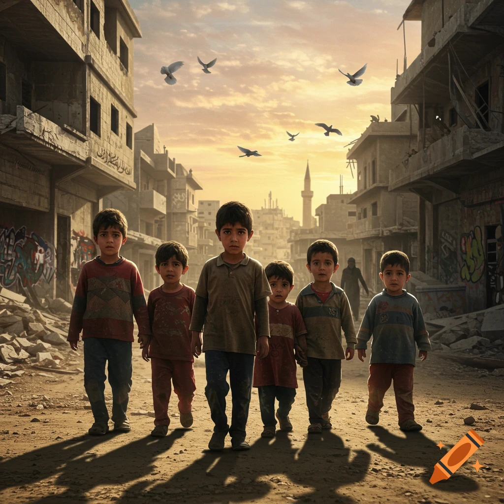 Photorealistic image of six young boys walking down a dusty, rubble-strewn street in a war-torn city at sunset, with ruined buildings and a mosque minaret in the background.
