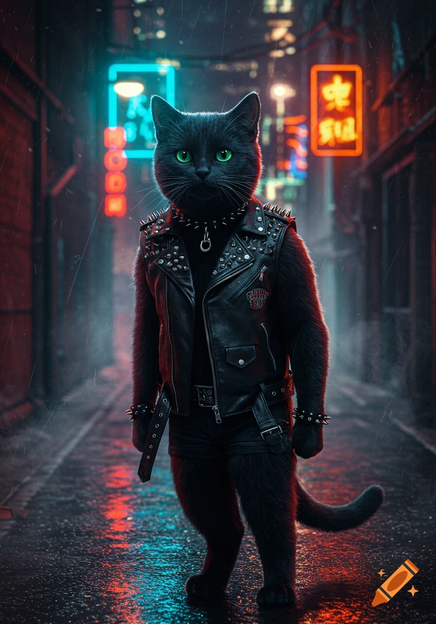 A cool black cat with bright green eyes wears a studded leather biker vest and collar, standing in a rainy cyberpunk alley lit by neon signs.