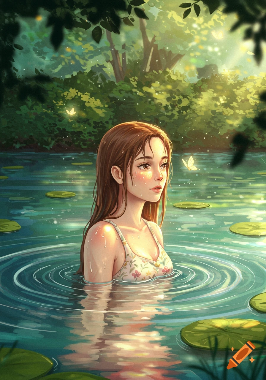 A young woman with brown hair in a floral swimsuit is in a lush green pond with lily pads, in a Studio Ghibli style.