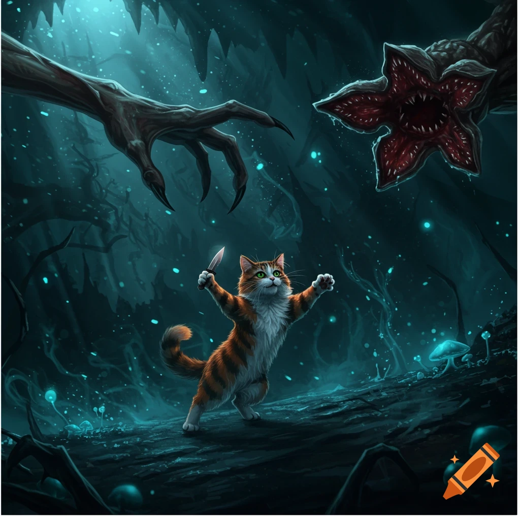 An orange and white cat, holding a knife, bravely confronts a menacing demogorgon-like monster in a dark, glowing blue fantasy forest.