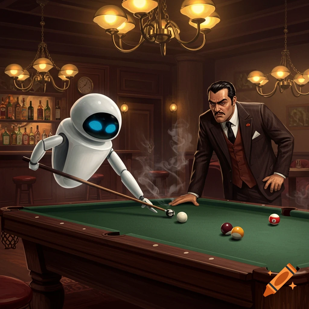 An EVE robot from Wall-E plays billiards against a stern-looking man in a suit in a dimly lit bar, digital art.