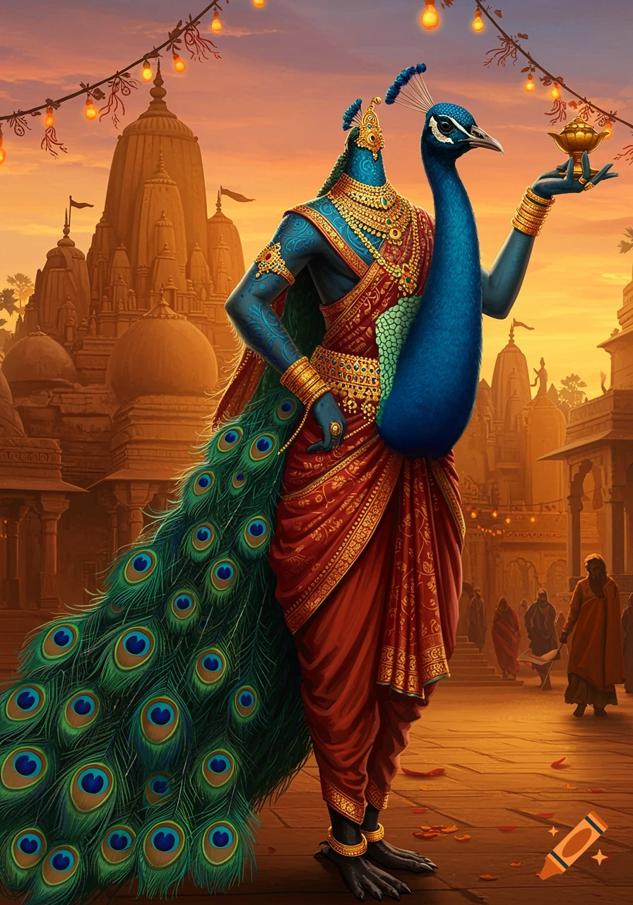 Vibrant fantasy character with a peacock head, blue skin, and traditional Indian attire, holding a lamp in front of temples at sunset.