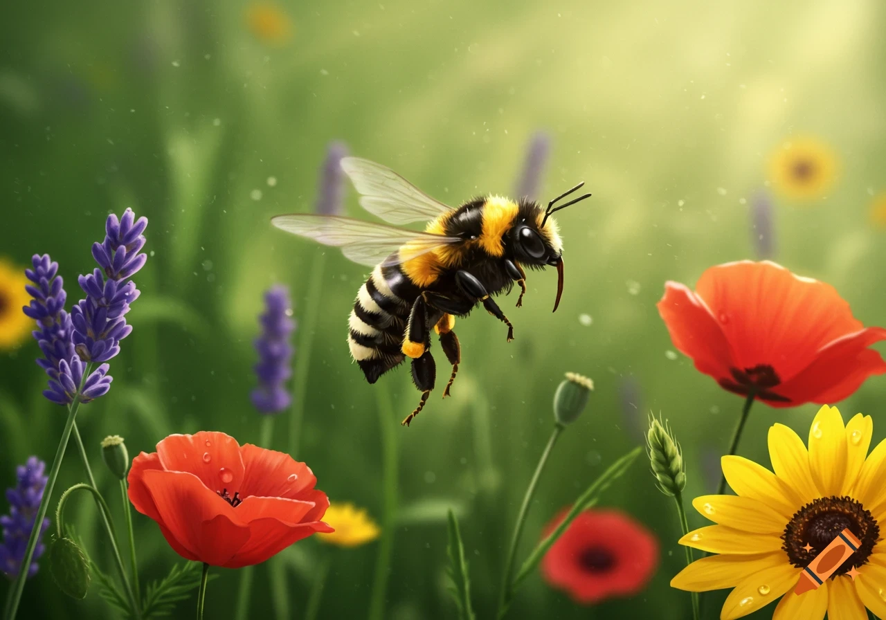 A photorealistic bumblebee flies among red poppies, purple lavender, and yellow sunflowers in a green field.